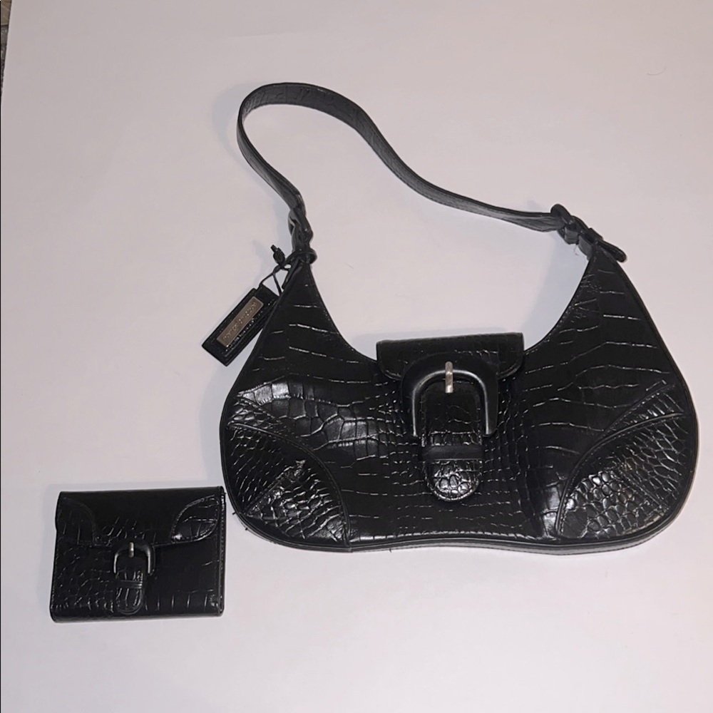 Antonio Melani  Black Leather “Gracie” Bag and Wallet Set- Croco Embossed